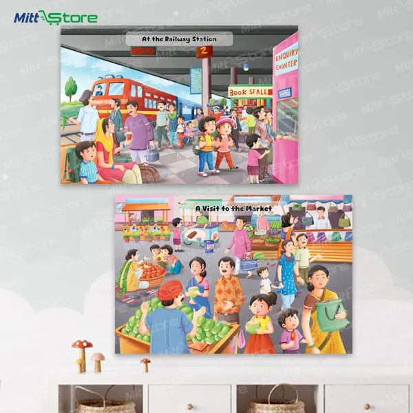 Educational Poster Set for Kids – At the Railway Station & A Visit to the Market (Reversible)
