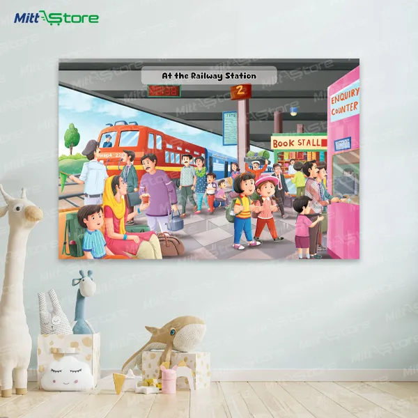 Educational Poster Set for Kids – At the Railway Station & A Visit to the Market (Reversible)