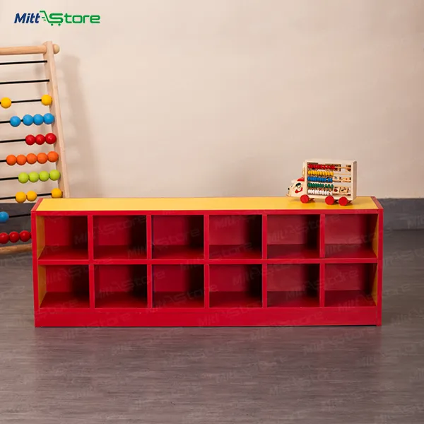 Colorful Wooden Rack with 12 Square Shelves – Red Body & Yellow Top