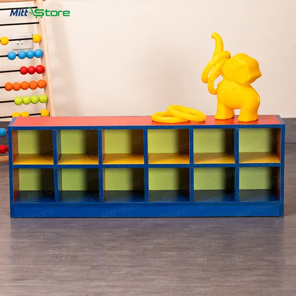 Multicolor Wooden Rack with 12 Square Shelves – Compact Storage for Kids