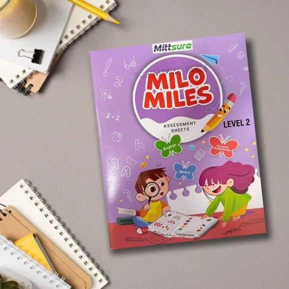 Milo Miles LKG – Level 2 | Foundational Learning Assessment Workbook | English, Maths & General Awareness