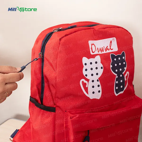 Water Resistant Polyester Red Cat Print School Backpack | Unisex | 5 to 10 Years