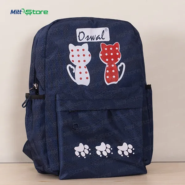 Water Resistant Polyester Dark Blue Cat Print School Backpack | Unisex | 5 to 10 Years
