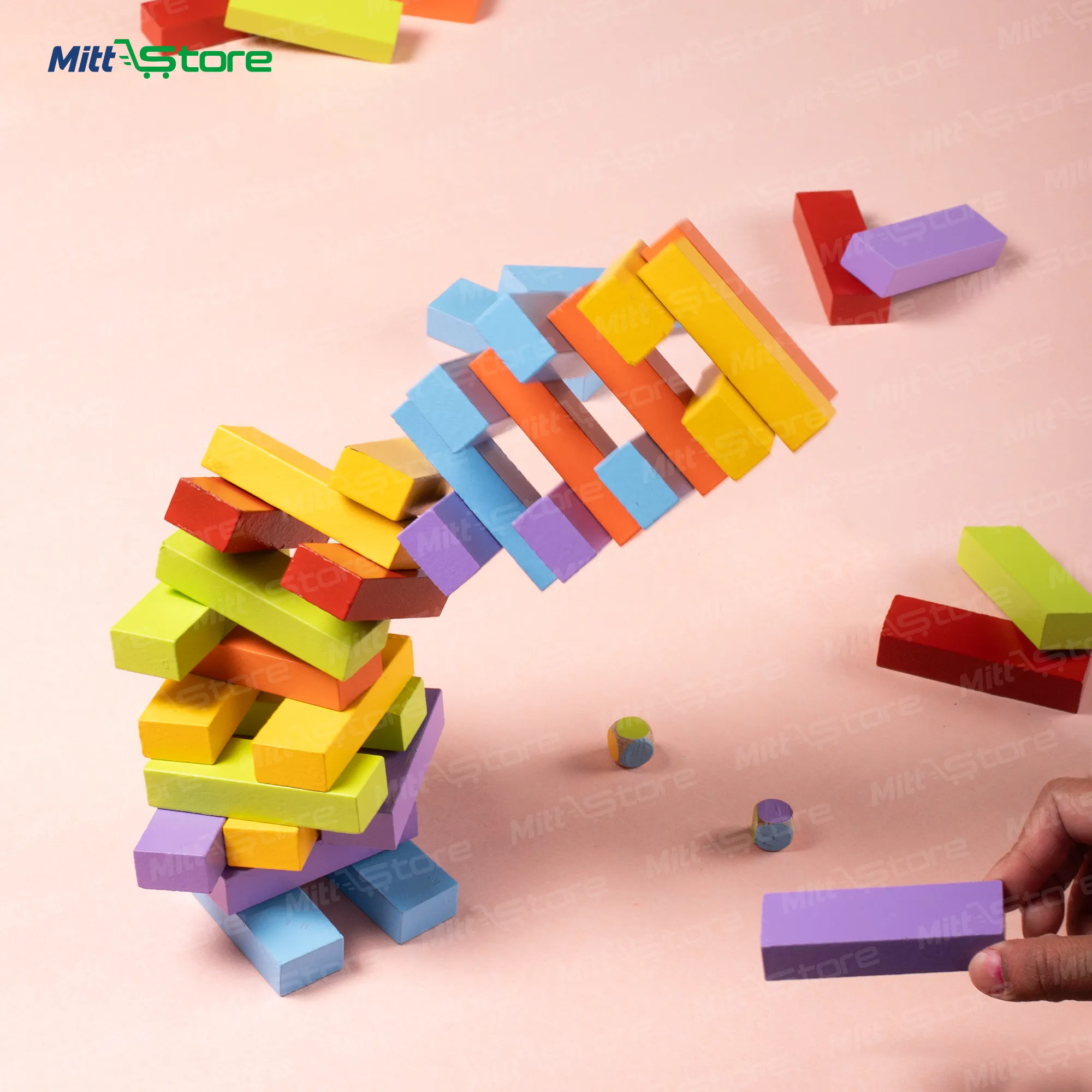 Multicolor Small Wooden Jenga Stacking Game for Kids & Adults | Colorful Jenga Pieces with 2 Dice | Board Games & Family Games | 6+ Years Old Boys & Girls