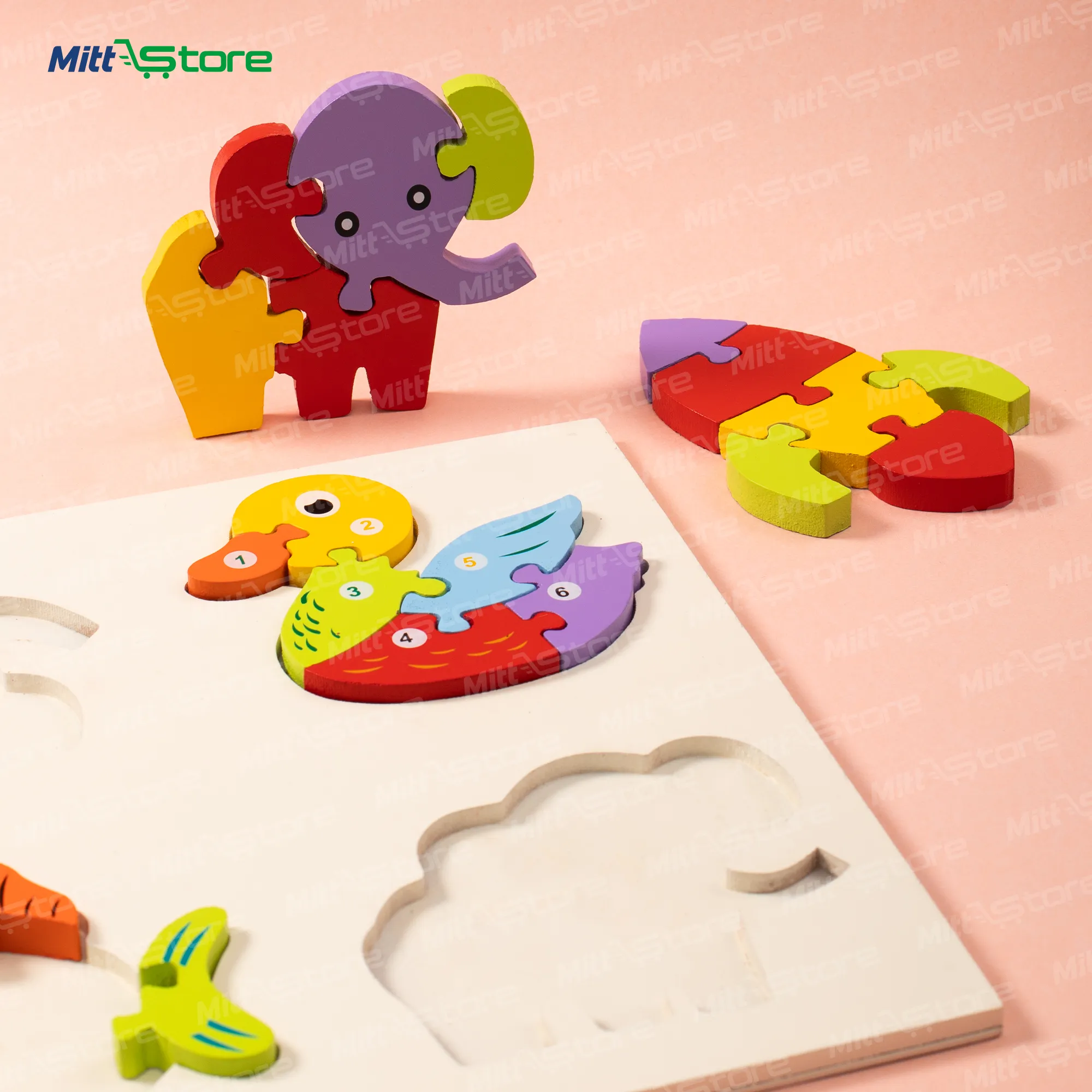 Multicolor Wooden Animal & Object Puzzle Board for Kids | 4-Piece Fish, Rocket, Duck & Elephant Montessori Puzzles | Puzzles & Educational Toys | 2+ Years Old Boys & Girls
