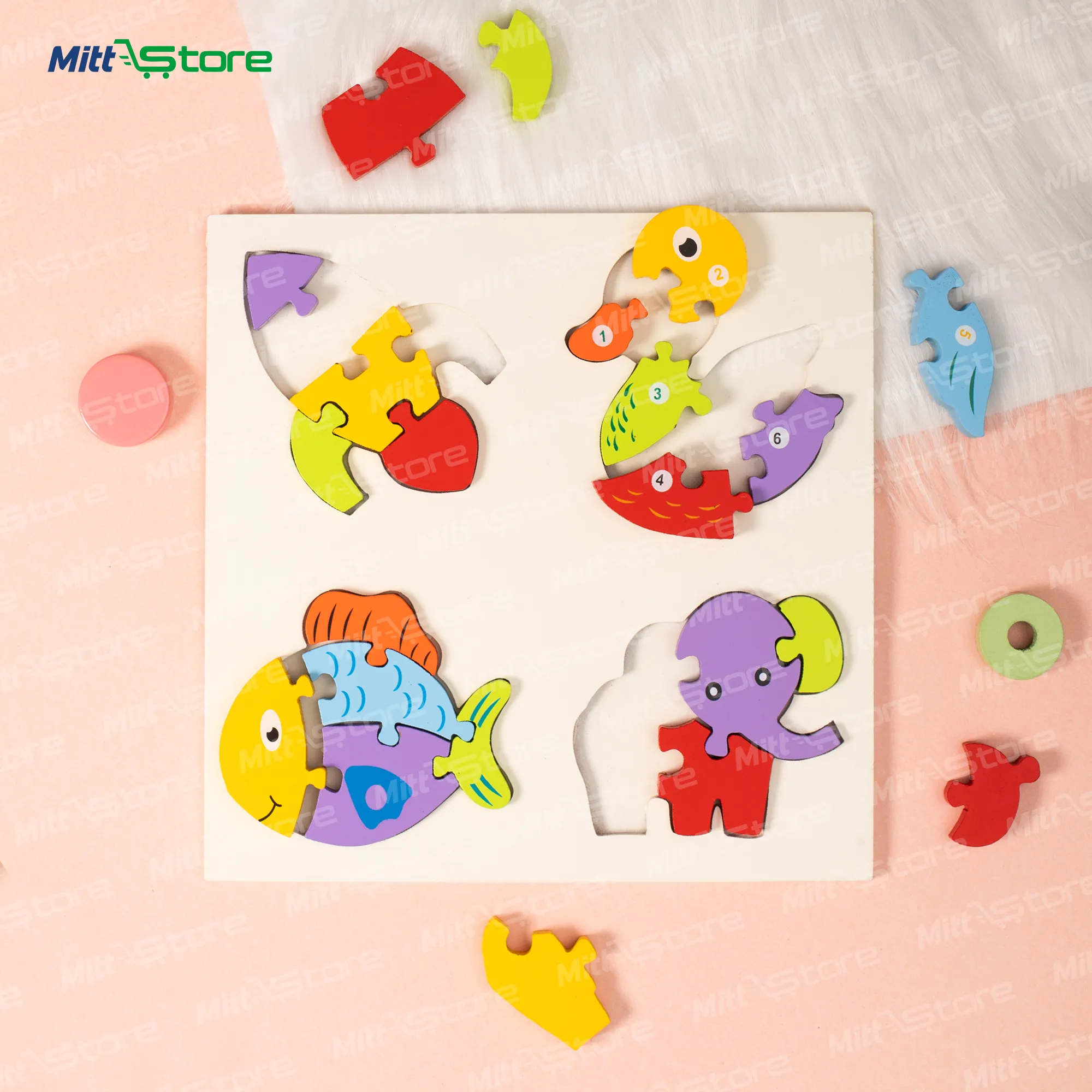 Multicolor Wooden Animal & Object Puzzle Board for Kids | 4-Piece Fish, Rocket, Duck & Elephant Montessori Puzzles | Puzzles & Educational Toys | 2+ Years Old Boys & Girls