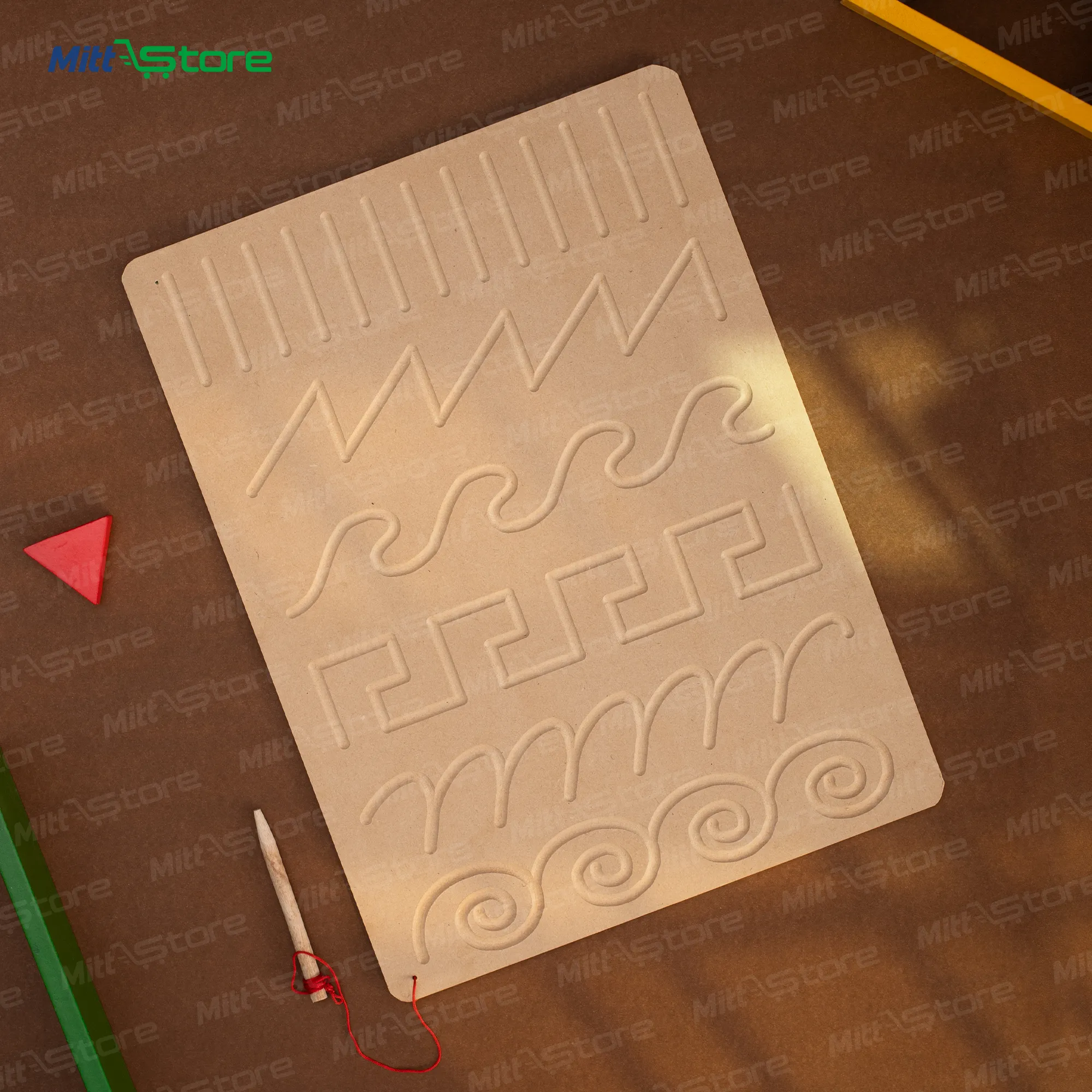 Natural Wooden Finish Tracing Board for Kids | Spiral, Slanting Waves, Greek Key, Wavy, Zigzag & Vertical Stroke Lines with Pencil | Pre-Writing & Educational Toys | 2-6 Years Old Boys & Girls