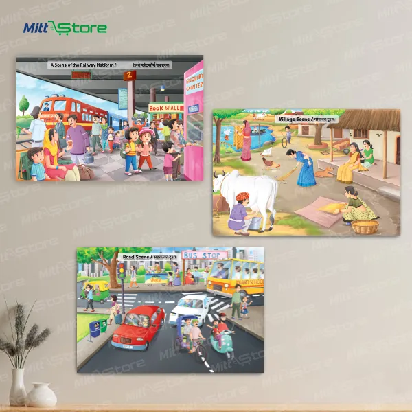 Multicolor Scene Poster Set of 6 for Kids | Market, Jungle, Park, Railway Station, Village & Road Scenes for Object Identification, Vocabulary Building & Storytelling | Educational Posters & Learning Materials | 3-7 Years Old Boys & Girls | PROD_59