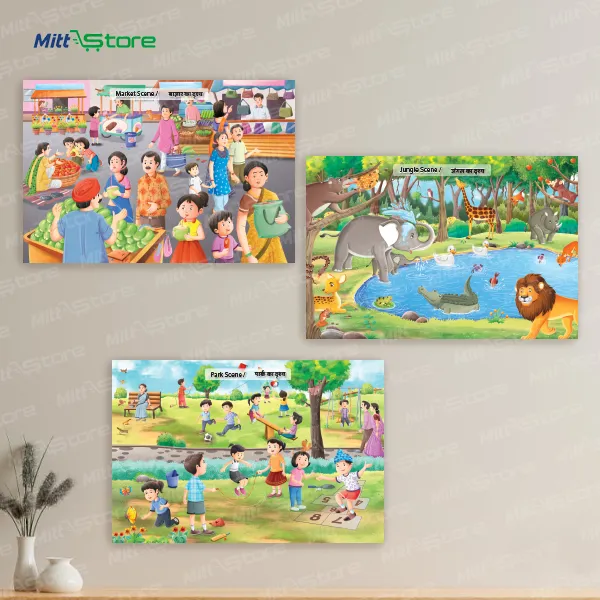 Multicolor Scene Poster Set of 6 for Kids | Market, Jungle, Park, Railway Station, Village & Road Scenes for Object Identification, Vocabulary Building & Storytelling | Educational Posters & Learning Materials | 3-7 Years Old Boys & Girls | PROD_59