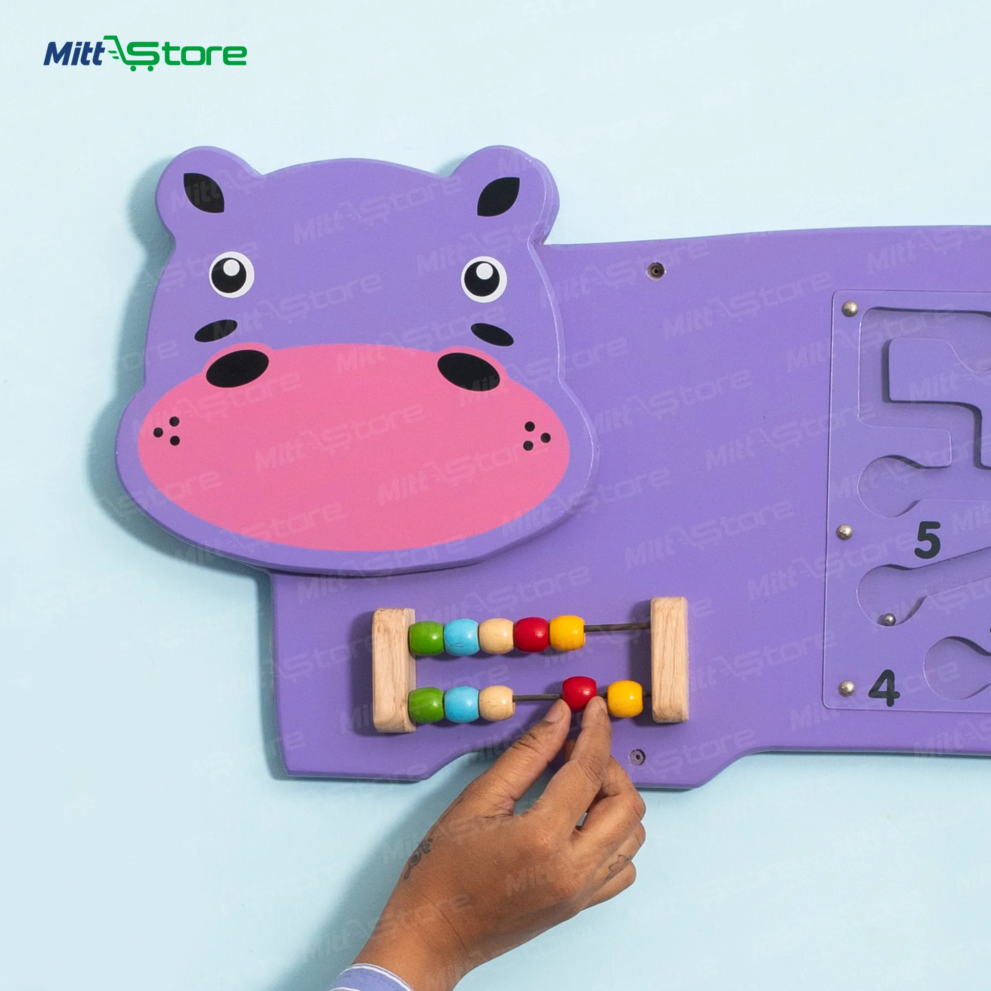 Wooden Hippo Activity Board for Kids | 3-in-1 Wall Mount Learning Toy with Bead Maze, Magnetic Maze & Shape Matching | 2-5 Years