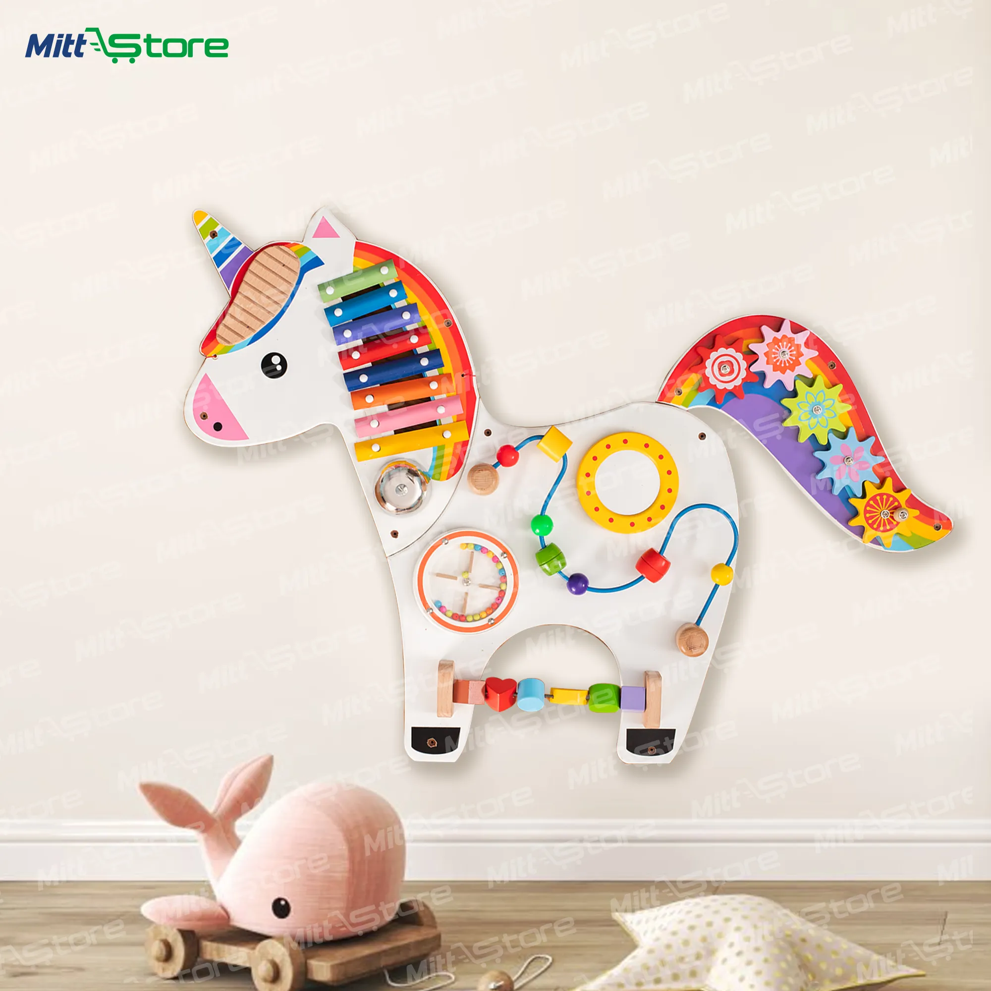 Unicorn Wooden Activity Wall Board for Kids | Colourful Wall Mount Toy with Xylophone, Beads, Spinners, Gears, Mirror & Ball Maze | Sensory & Creative Play | 2-5 Years