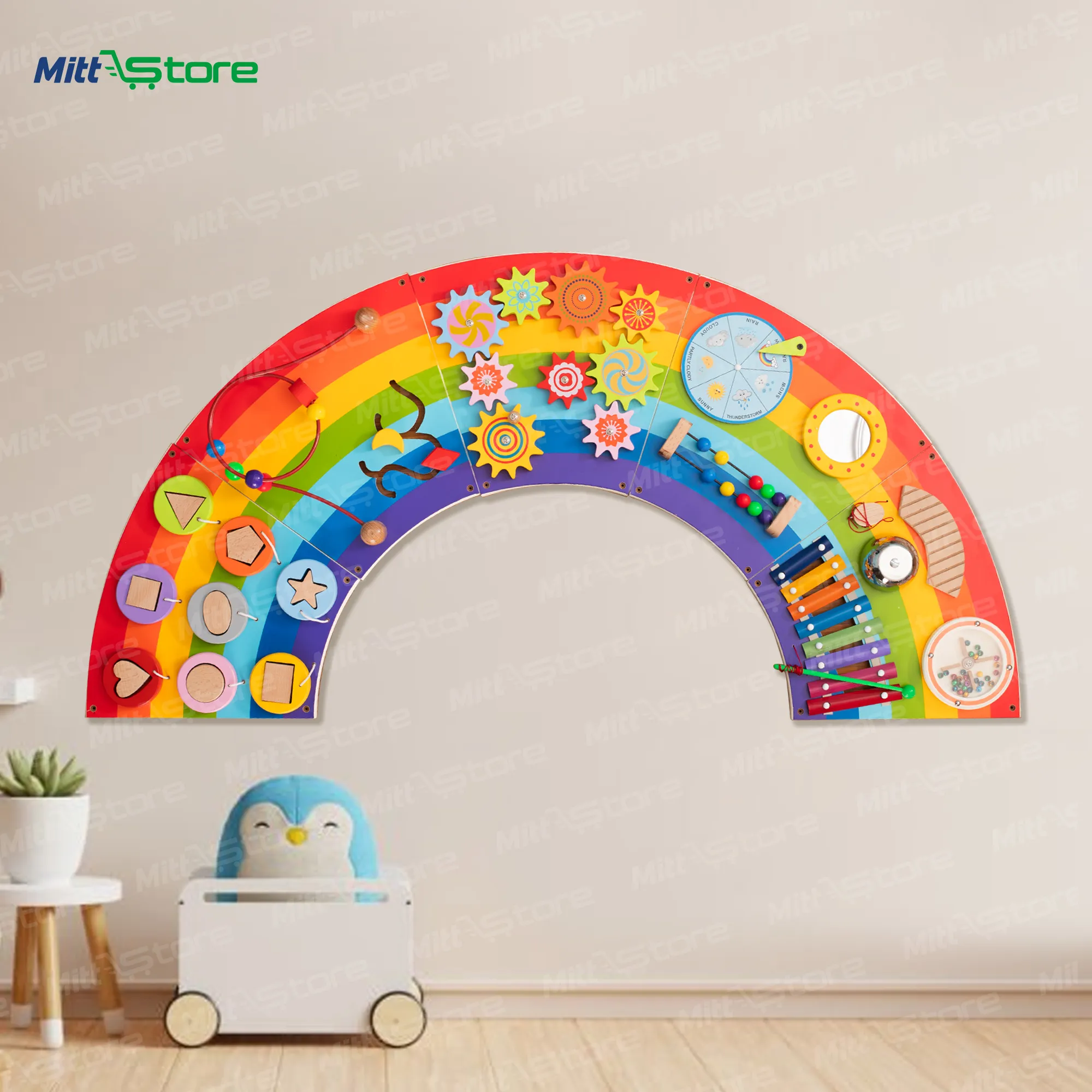 Rainbow Montessori Sensory Wall Panel for Kids | Wall Mount Activity Board with Spinners, Mirrors, Beads, Zigzag Maze, Shape Sorter & Spin Wheel | 2-5 Years