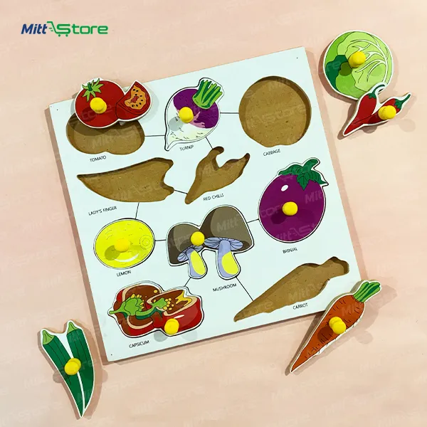 Wooden Vegetable Knob Puzzle Board for Kids | Vegetable Recognition & Matching Puzzle with Carrot, Tomato, Capsicum, Cabbage & More | Preschool Learning Toy | 2-3 Years
