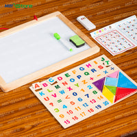 2-in-1 Magnetic Whiteboard & Blackboard with Alphabets, Numbers, Tangram Puzzle & Marker – Fun Learning Board for Kids